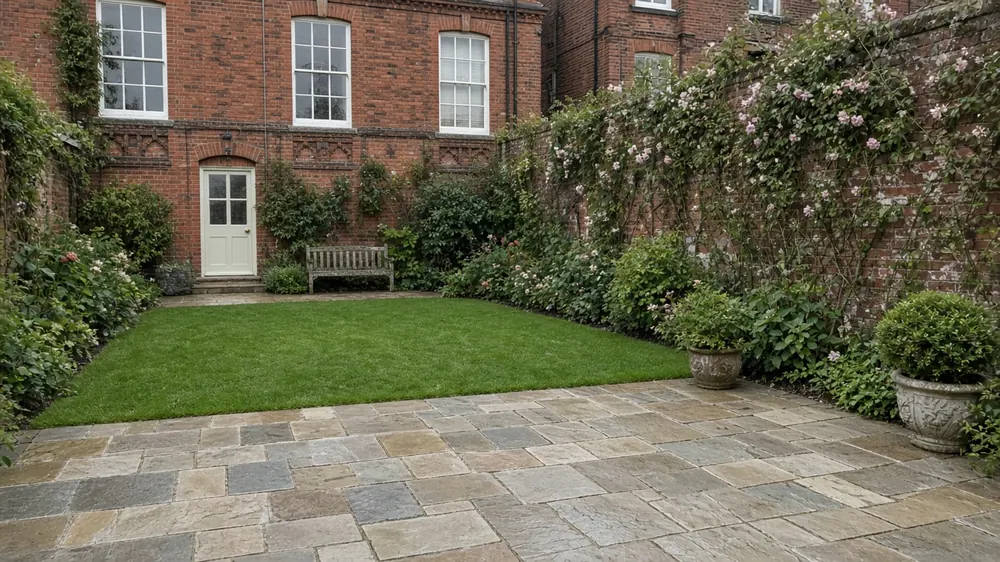 Example image: a riven sandstone patio in the walled garden of a Victorian villa, with mature planting and an oak bench