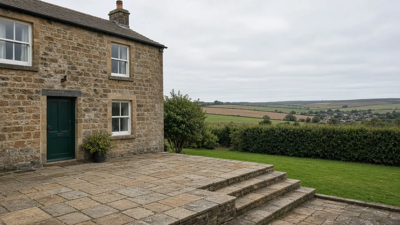 Example image: wide sandstone terrace with steps to a lawn behind a detached stone house in the countryside
