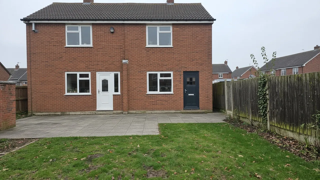 Example image: grey slab patio across the back of a post-war brick house with a lawn