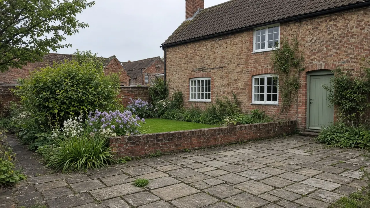 Example image: stone-flagged patio with a low brick wall in the garden of an old village cottage