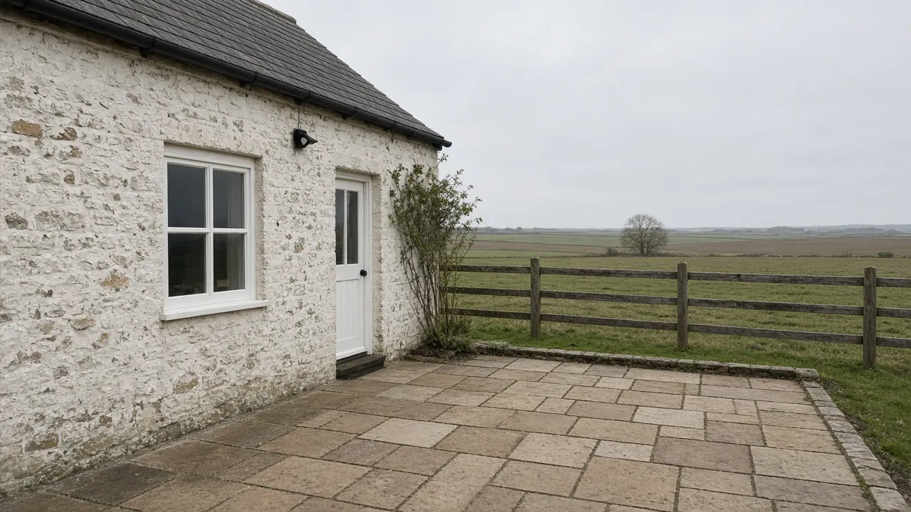 Example image: sandstone patio behind a stone cottage with open farmland beyond
