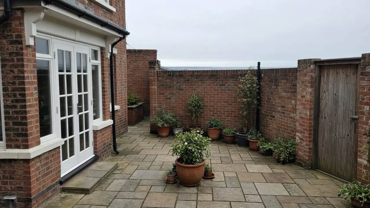 Example image: natural stone paving in a small walled courtyard behind a Victorian terraced house by the sea