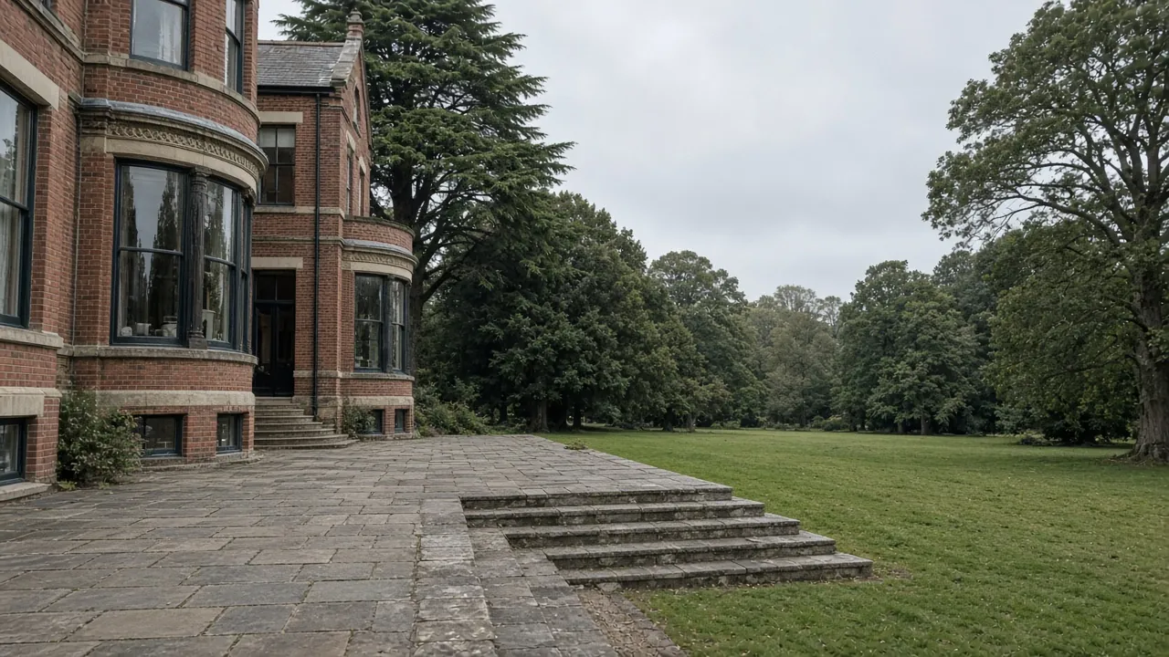 Example image: large natural stone terrace with steps behind a Victorian villa with mature trees