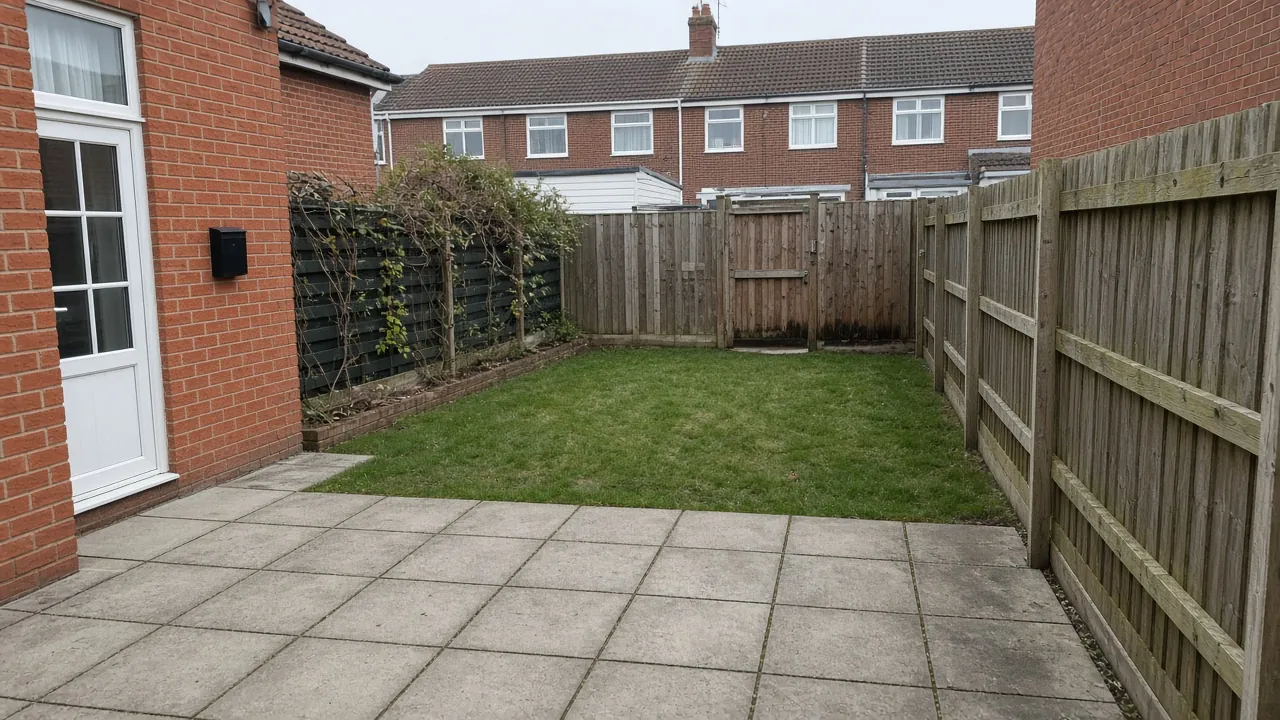 Example image: grey concrete slab patio in the back garden of a red brick terraced house