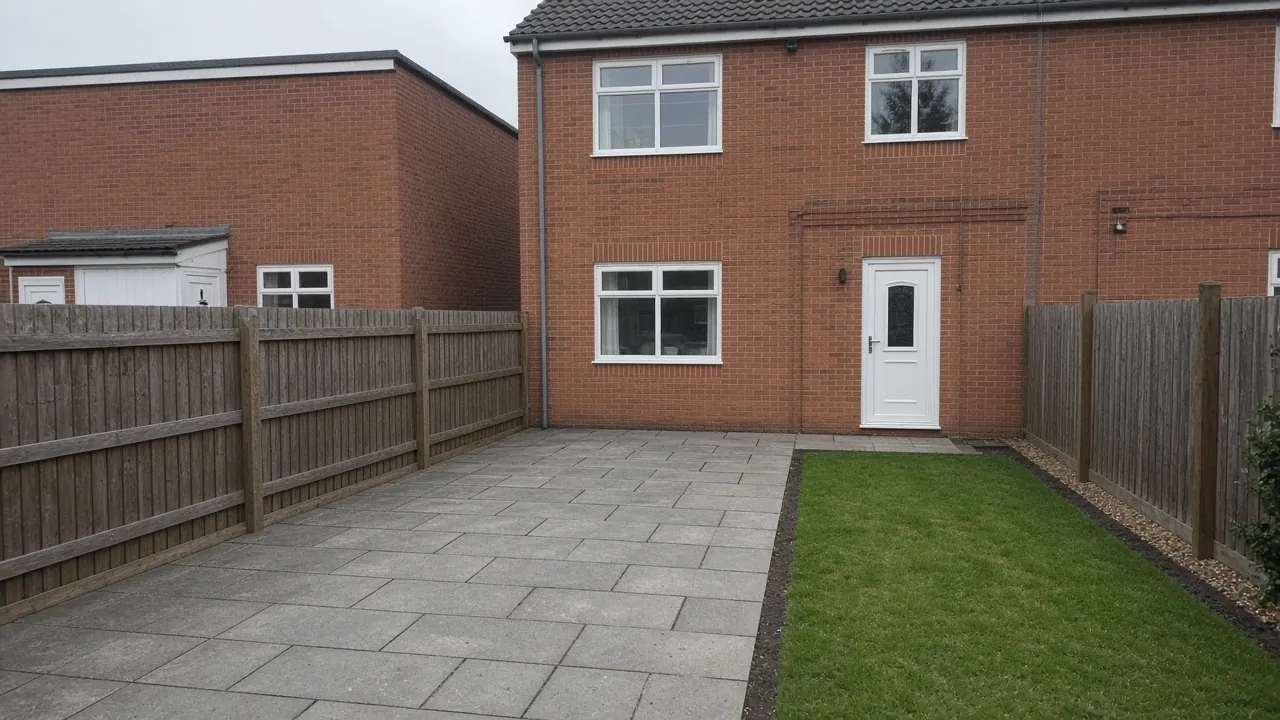 Example image: grey slab patio behind a modern semi-detached house on a newer estate