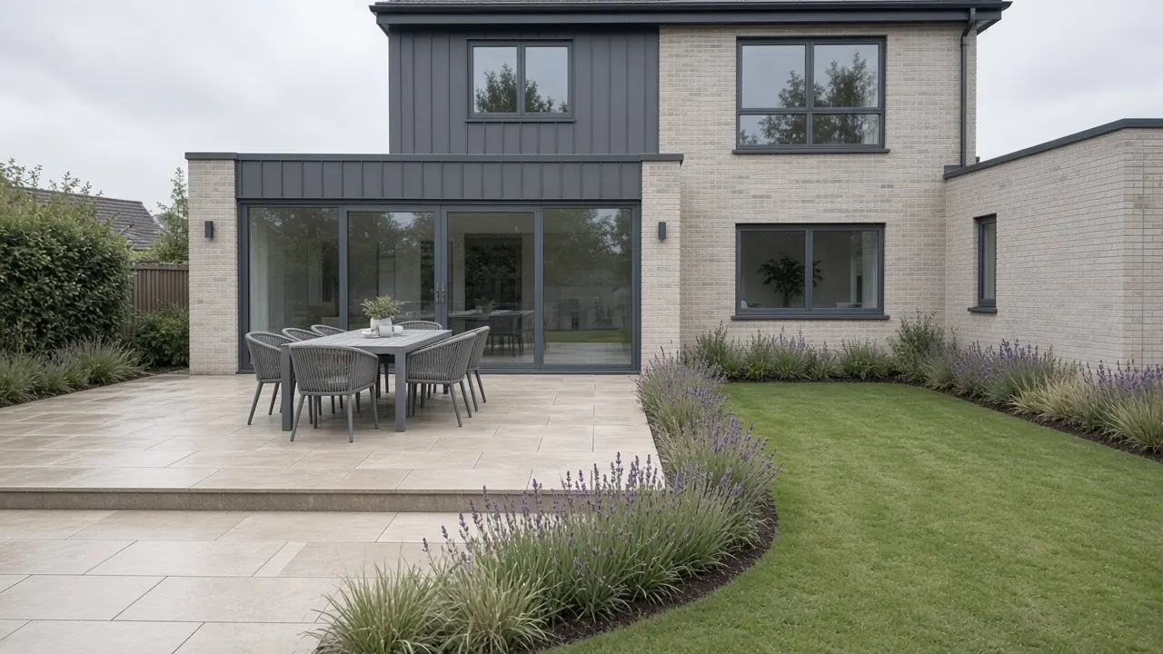 Example image: a pale beige porcelain patio with a dining set outside wide glazed doors on a modern house
