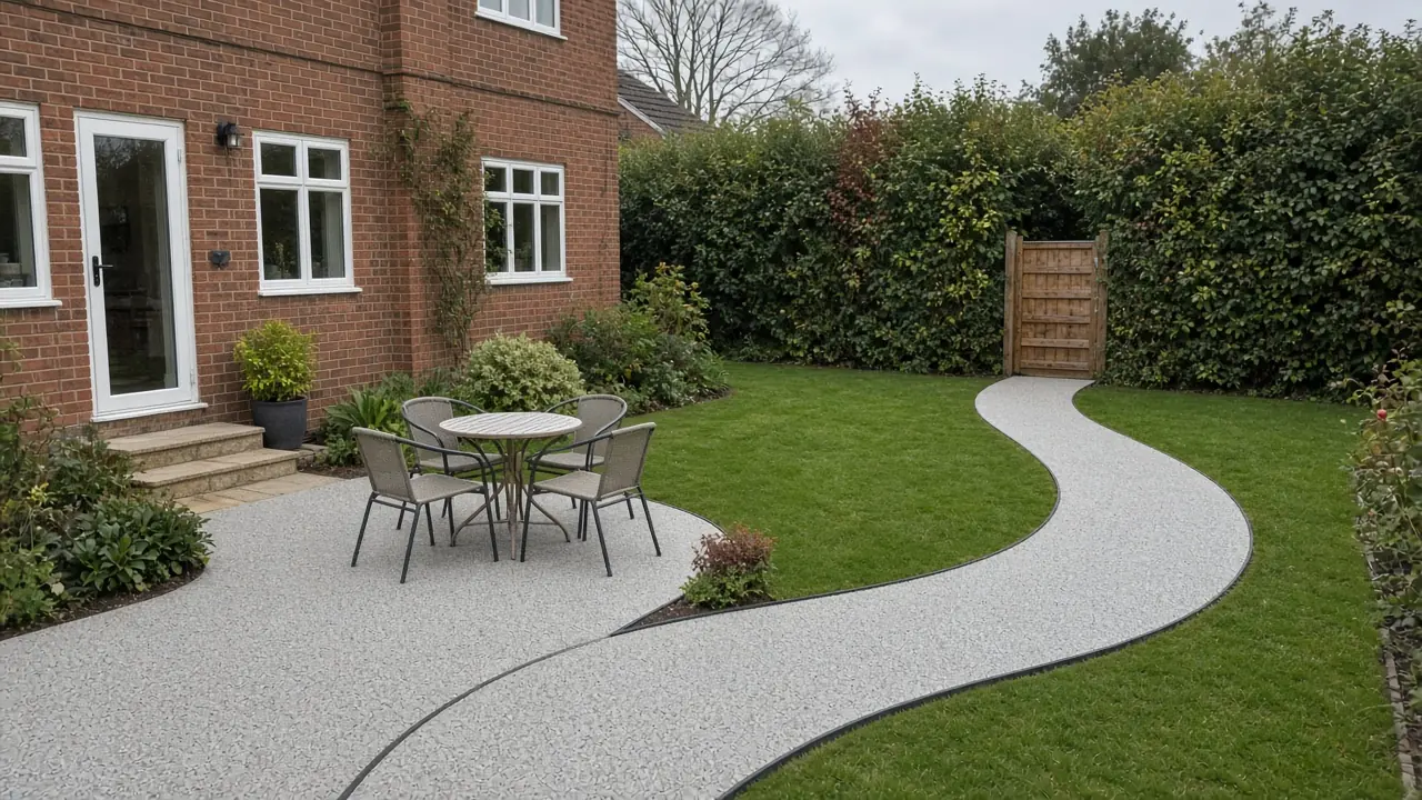 Example image: a silver-grey resin-bound path curving across a lawn from a sitting area to a garden gate