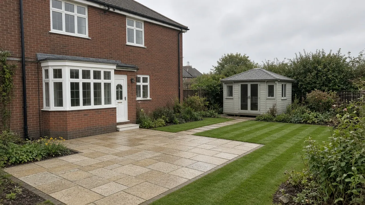 Example image: a buff slab patio behind a red-brick semi with a bay window, with a summerhouse at the end of the lawn